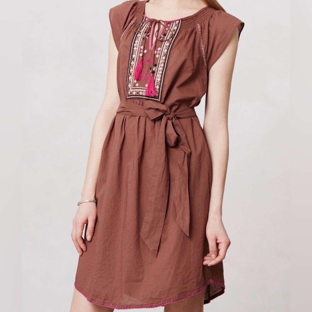 Anthropologie Maeve Brown Embroidered Mini Dress size 4